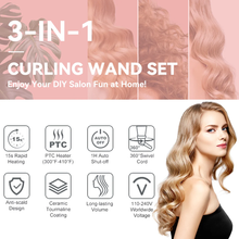 Load image into Gallery viewer, Curling Iron Set for Beginners, 3 in 1 Curling Wand Set with Thermal Brush, 3 Interchangeable Ceramic Hair Wand Curler (0.35”-1.25”), Dual Voltage Hair Curler