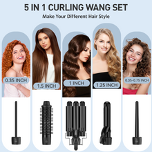 Load image into Gallery viewer, MAXT 5 in 1 Curling Iron Wand Set Dual Voltage 0.35-1.25" Replaceable Ceramic Wand Curler with Glove & Clips Black