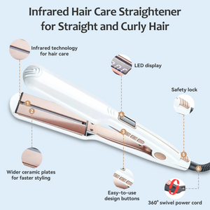 FINETOL Flat Iron Hair Straightener Infrared Hair Straighteners with Wide Ceramic Plates Nano Silver Argan Oil 5 Heat Settings (280°F–450°F) LED Display Dual Voltage,White
