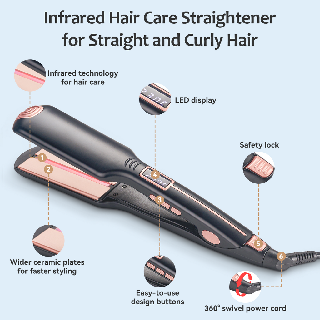 FINETOL Flat Iron Hair Straightener Infrared Hair Straighteners with Wide Ceramic Plates Nano Silver Argan Oil 5 Heat Settings (280°F–450°F) LED Display Dual Voltage,Black