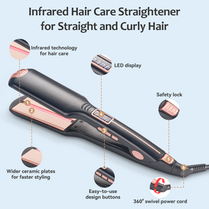 FINETOL Flat Iron Hair Straightener Infrared Hair Straighteners with Wide Ceramic Plates Nano Silver Argan Oil 5 Heat Settings (280°F–450°F) LED Display Dual Voltage,Black