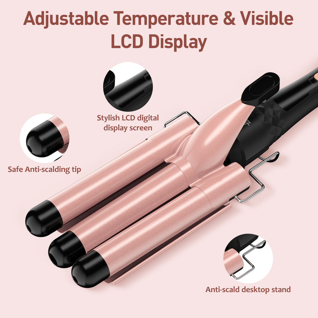 MAXT 5 in 1 Curling Iron Wand Set Dual Voltage 0.35-1.25" Replaceable Ceramic Wand Curler with Glove & Clips Pink
