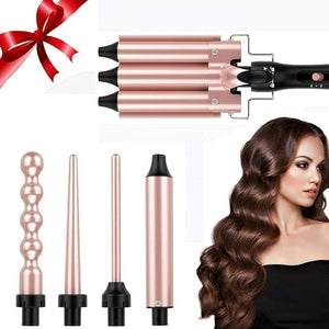 5 in 1 Curling Wand Set, Curling Wand Set with 3 barrel curlers and 4 Interchangeable Ceramic Curling Wand(0.35”-1.25”), Instant Heat Up Wand Curling Iron (Rose Gold)