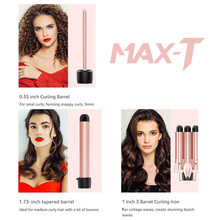 Load image into Gallery viewer, 3 in 1 Curling Wand Set Included 1 inch 3 barrel hair crimper, 0.35 inch hair curling wand and 1.73 inch wand curler, Long Barrel Curling Iron with Tourmaline Ceramic Coating, Fast Heating